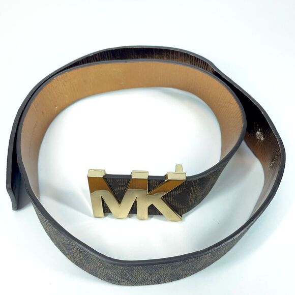 Michael Kors Gold MK Buckle Dark Brown Monogram Letters Belt 42\